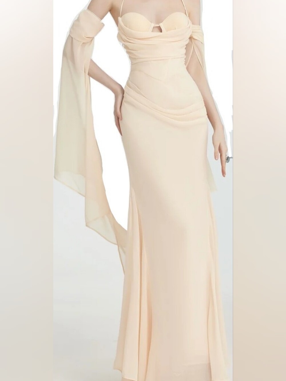 Sculpted Cream Maxi Dress with Draped Shawl